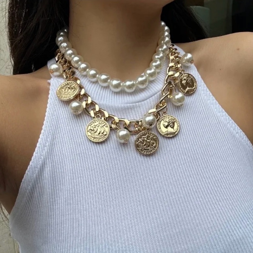 Gold and Pearl Coin Necklace. 2piece